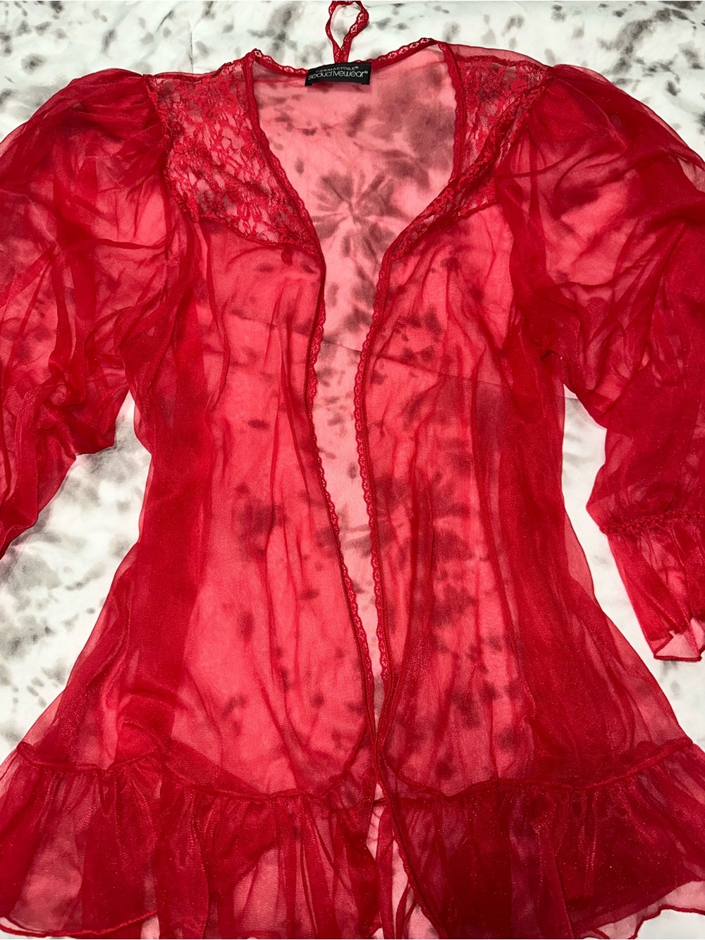 Vintage Sheer Red Lace Trim Babydoll Cover Up